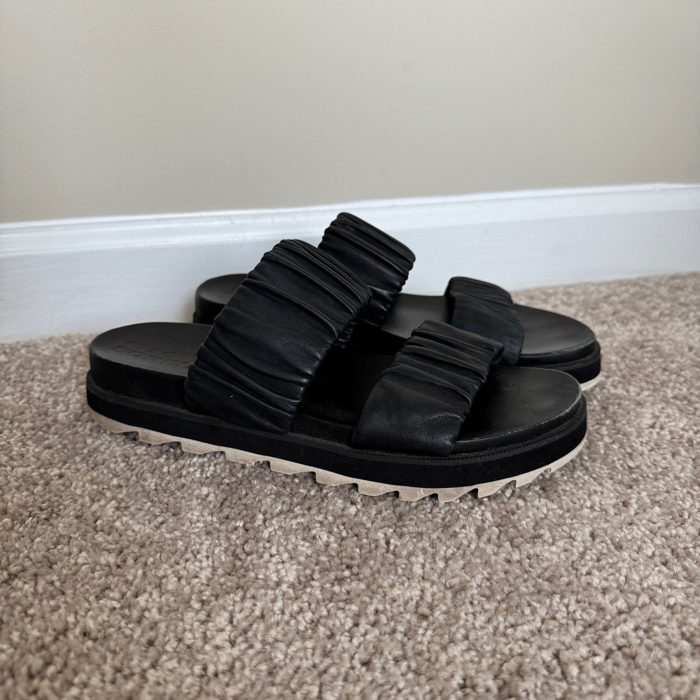 Sorel Roaming Decon Slide Black Ruched Leather Sandals NL4717-010 Womens 8